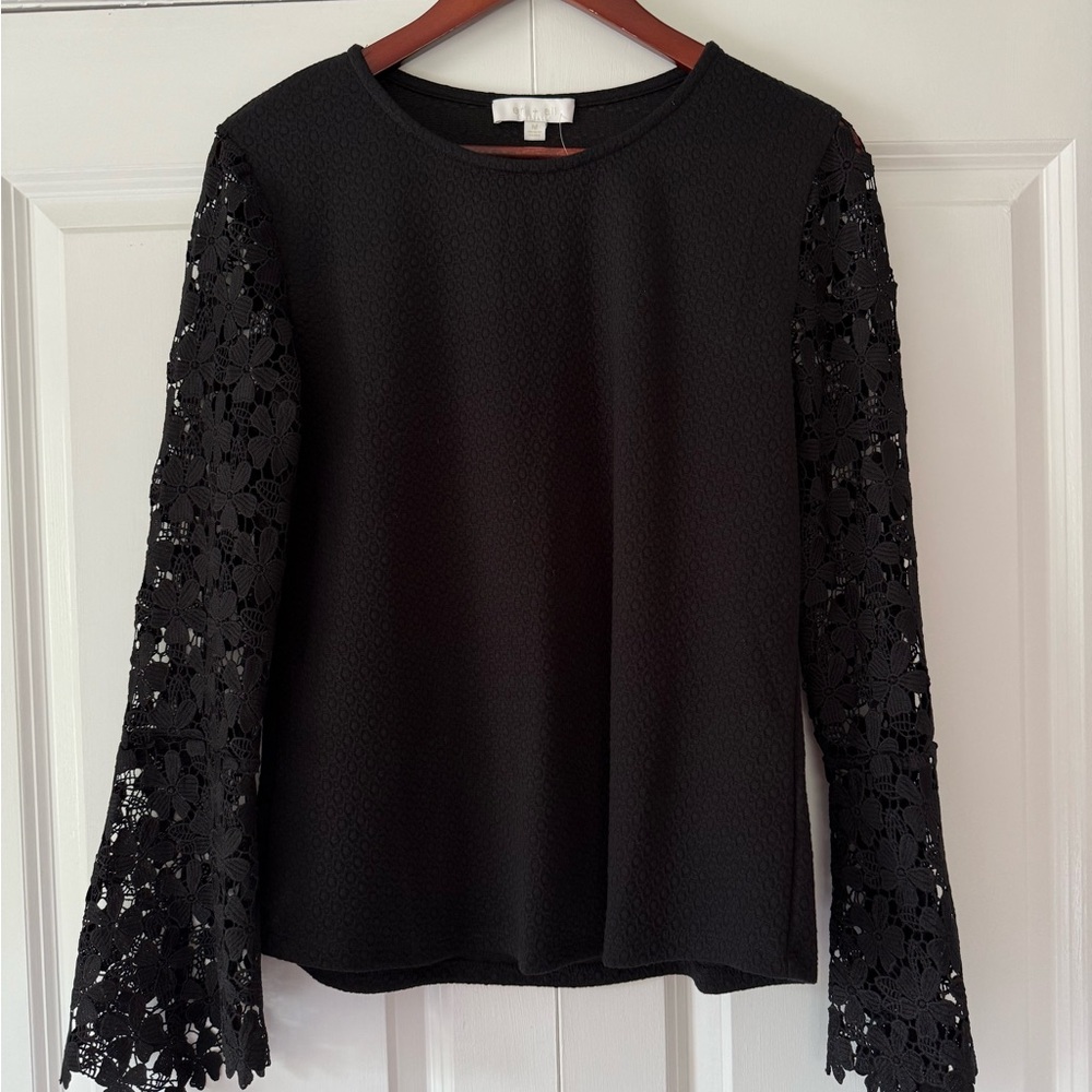 Anthropologie eri + eli Black Elegant Top with Long Lace Sleeves